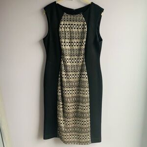 R & M Richards Cocktail Dress Black Gold Embellished Sheath Shift Stretch EUC 12